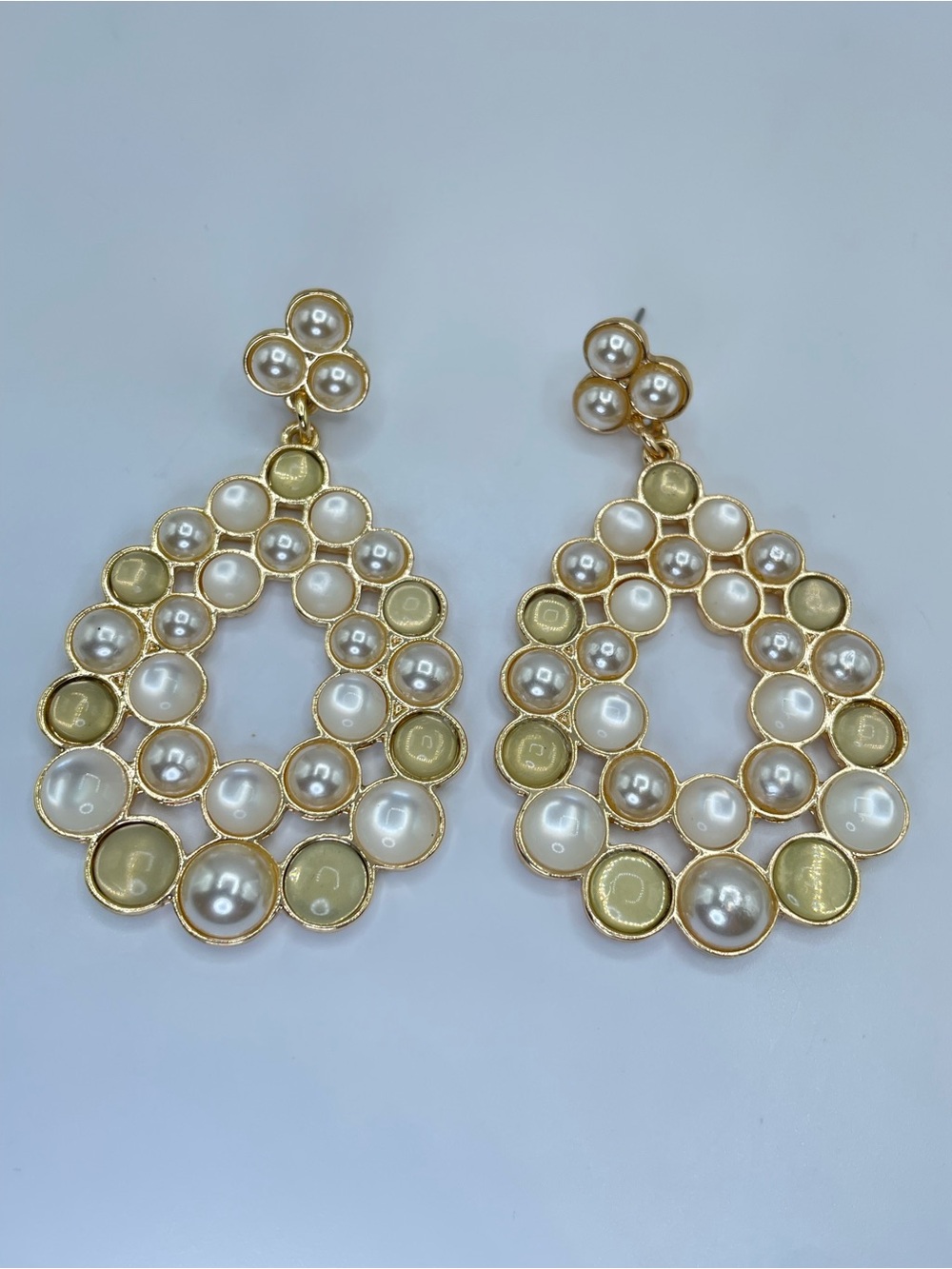Gold Tone Faux Pearl Statement Teardrop Dangle Earrings Bridal Glam